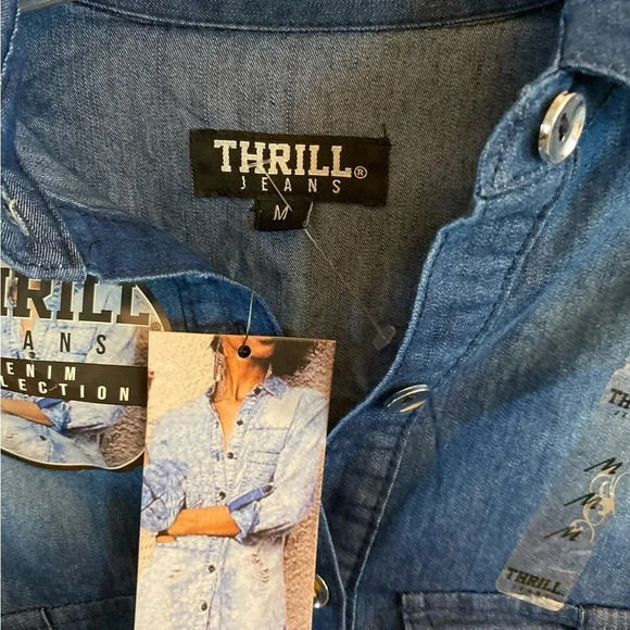 Thrill blue jean button down casual western belted pocket dress shirt 70s vibe - Picture 3 of 5